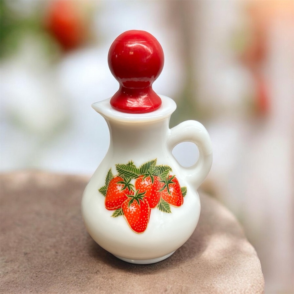 Vintage Avon Strawberries and Cream Bath Foam Milk Glass Jug With Red Stopper